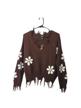 Just Polly New York Brown Daisy Floral Knit Frayed Hem Pullover Sweater Large